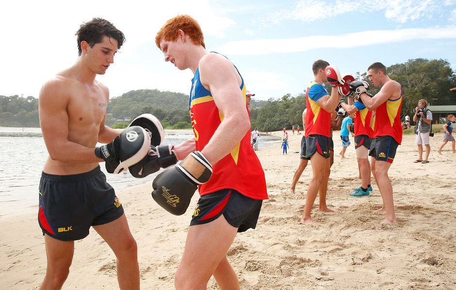 AFL 2016 Training - Gold Coast Suns 300116 Brayden Fiorini (left) boxes on with fellow Sun Josh Schoenfeld - ${keywords}